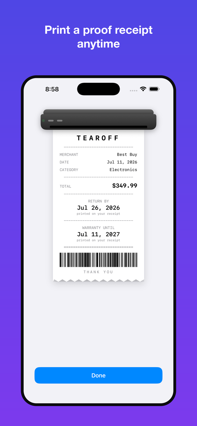 Tearoff's printed proof receipt, showing a return-by date, a warranty date, and a barcode